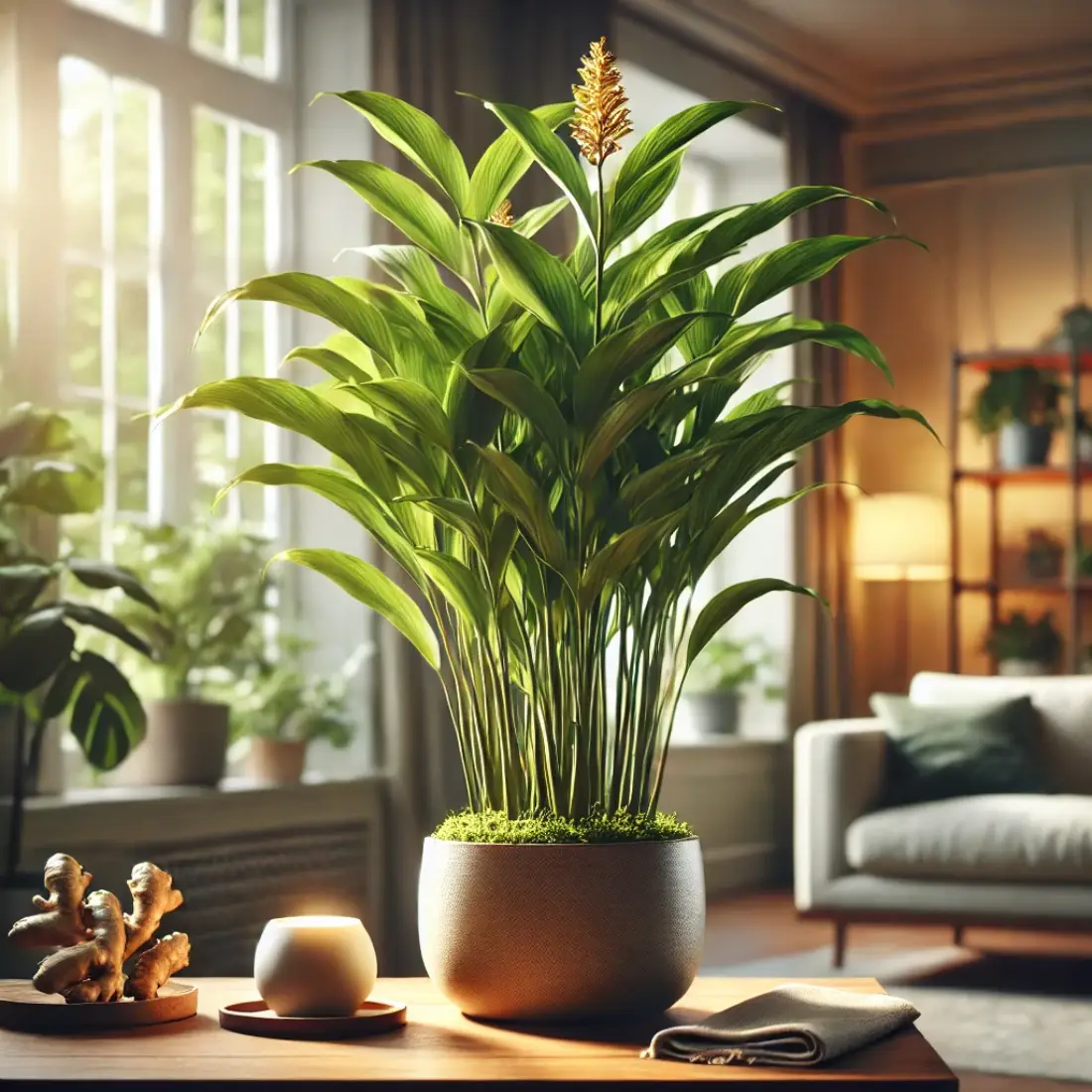 Cozy home with a well-lit indoor garden featuring a lush ginger plant with tall, vibrant green stems in a stylish pot, highlighted by natural sunlight.