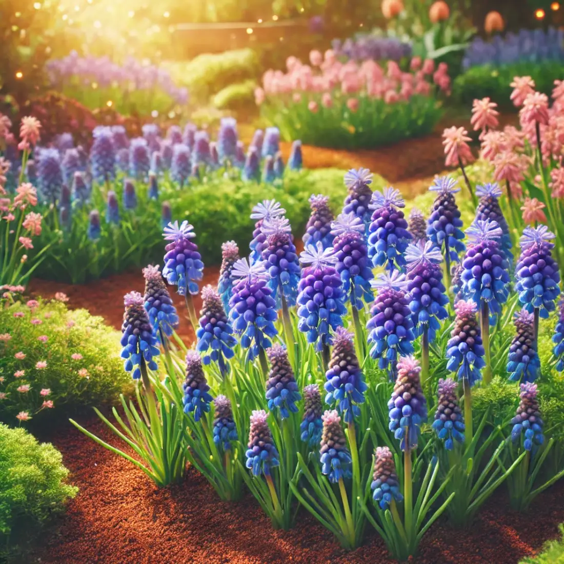 A small garden filled with grape hyacinths featuring clusters of blue and purple flowers resembling tiny grape bunches, under partial sunlight.