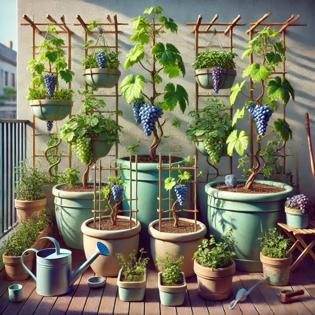 Small garden with compact grapevines like 'Pixie Grape' in large, deep containers with trellises, ripe grape clusters, gardening tools, and a watering can.