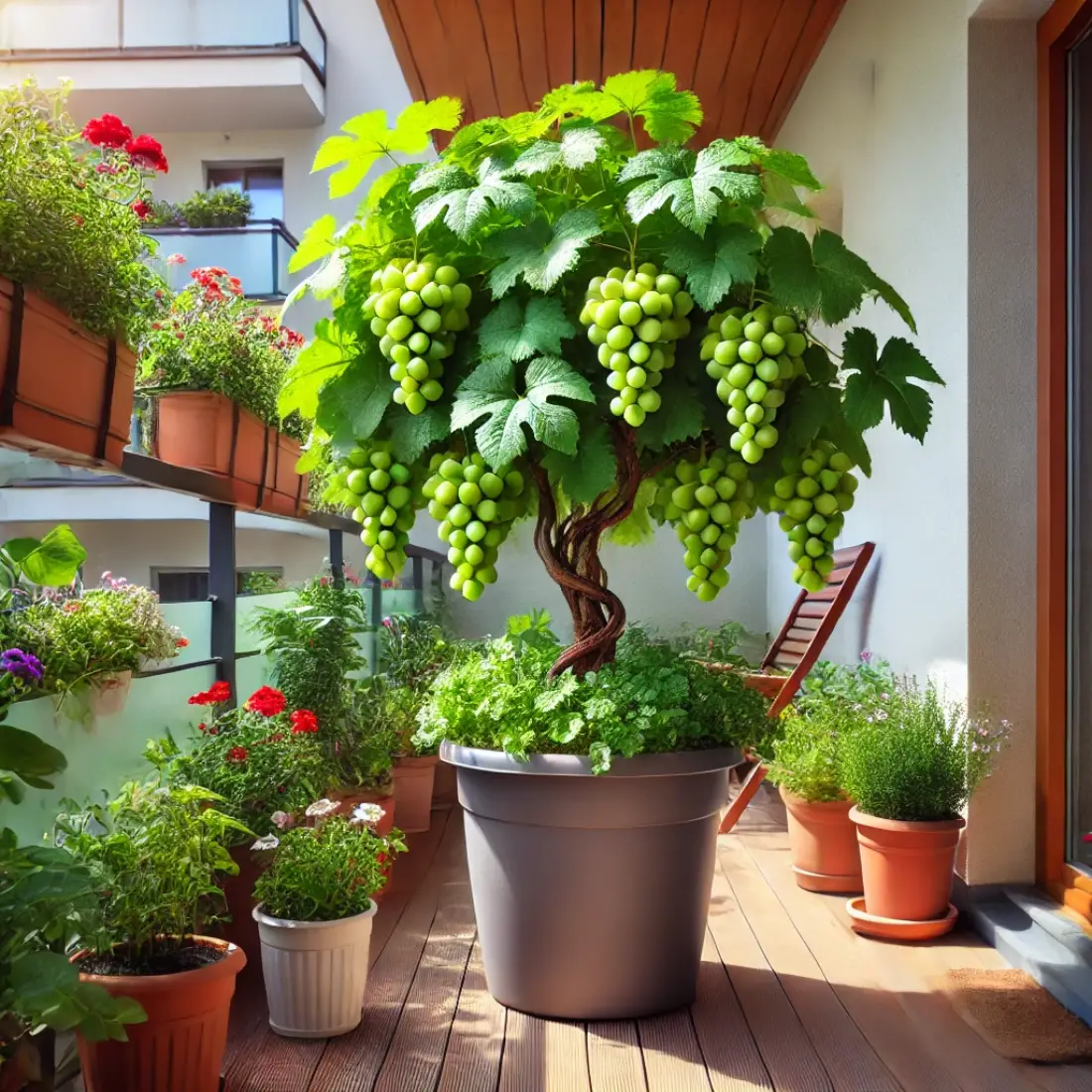 A small balcony garden with a thriving grapevine in a large container, surrounded by other potted plants and flowers. The grapevine is lush with green leaves and clusters of ripe grapes, all bathed in bright sunlight.