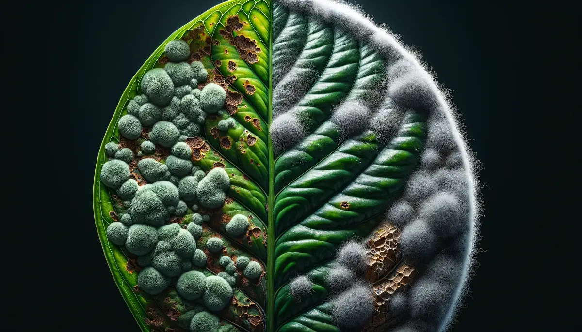 Close-up view showing a healthy green leaf and another leaf affected by Gray Mold, with no text, focusing on disease symptoms