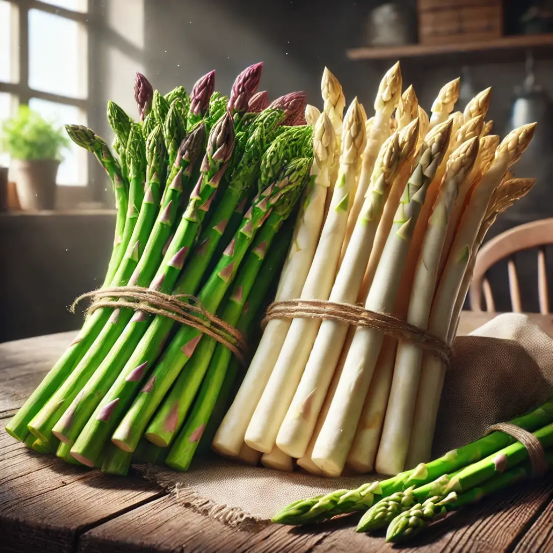 Bundles of green and white asparagus placed side by side on a rustic wooden table, with sunlight streaming in from a nearby window in a cozy kitchen setting.