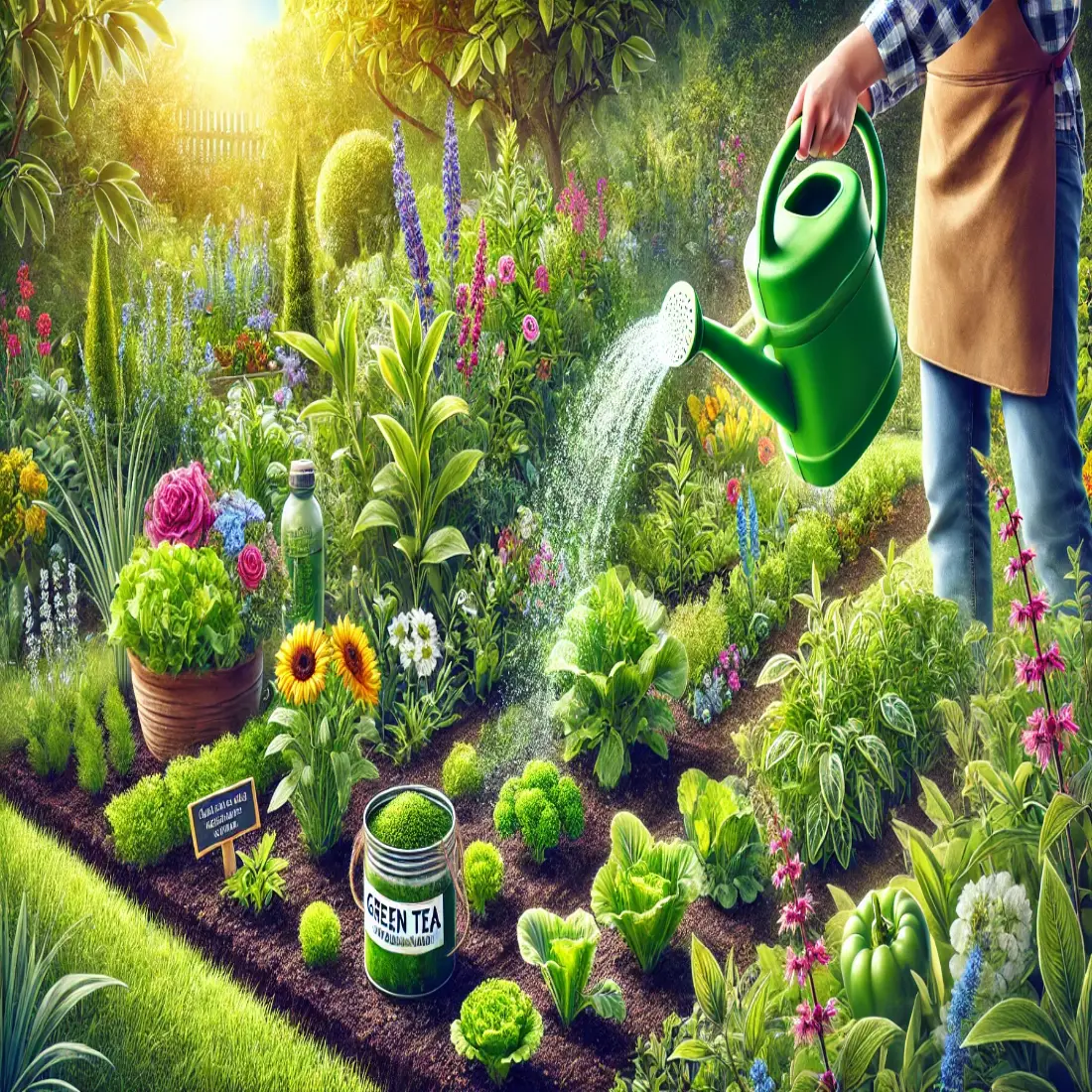 Gardener using green tea solution on plants in a lush garden, showcasing healthy soil and vibrant greenery.