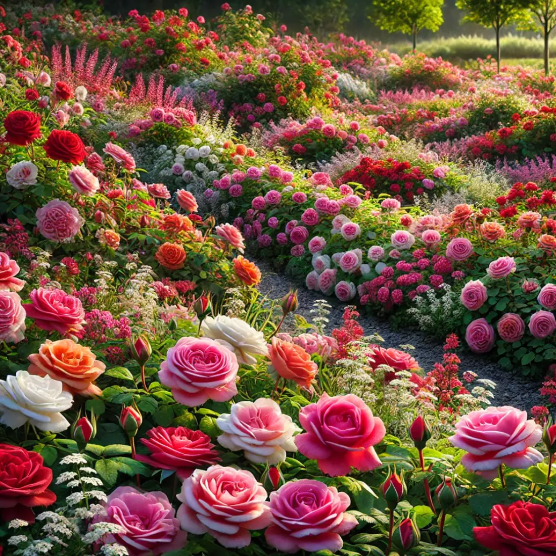 Groundcover Roses 'Flower Carpet' and 'Sunrosa' spreading as a vibrant carpet of pink, red, and white blooms over a lush green garden slope.