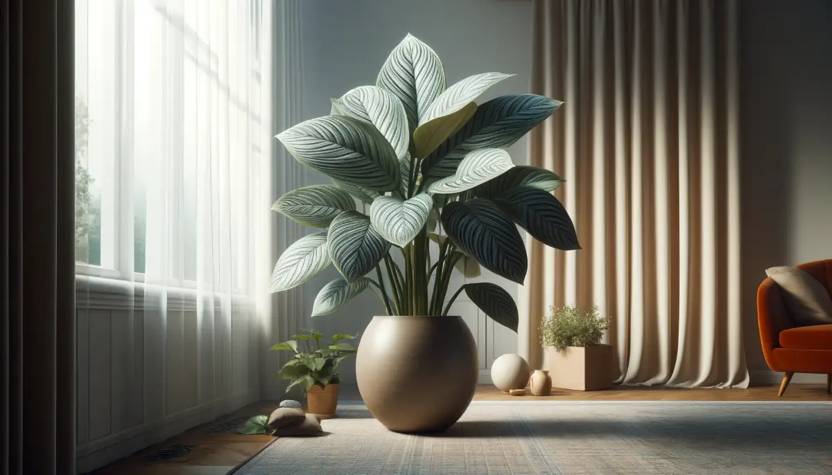 Calathea Orbifolia with large round silver-green striped leaves in a ceramic pot, indirect sunlight, and cozy indoor ambiance