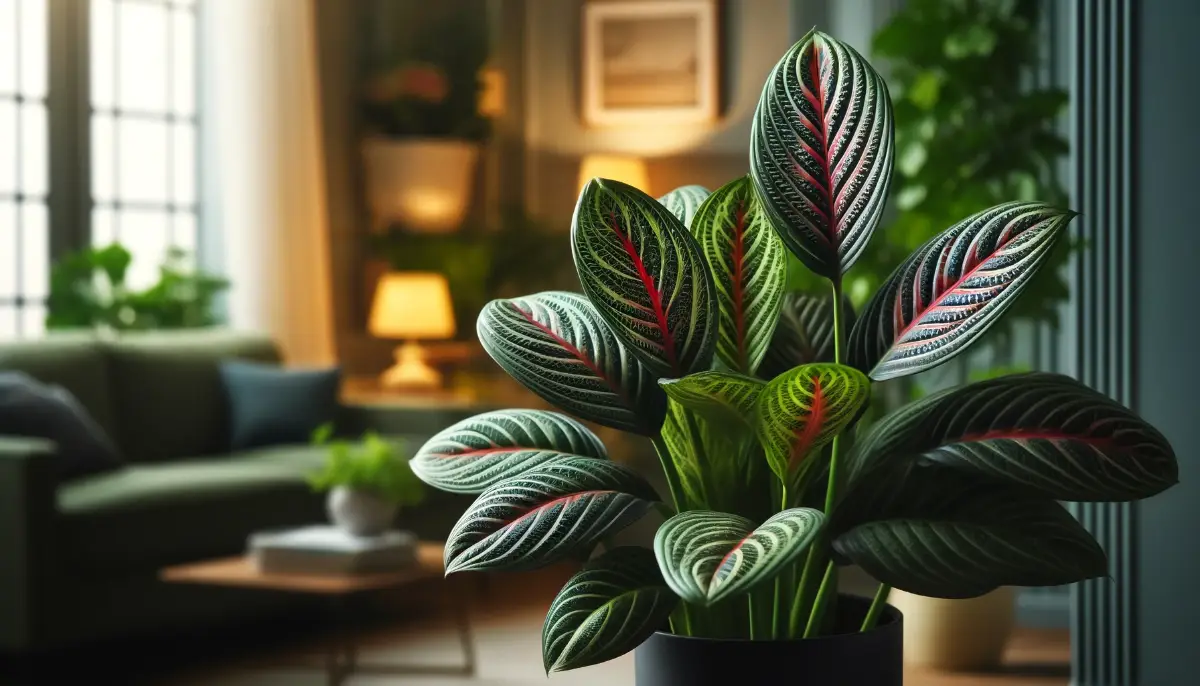 Maranta leuconeura with dark green, oval leaves featuring light green, red, and purple patterns, set in a cozy indoor environment