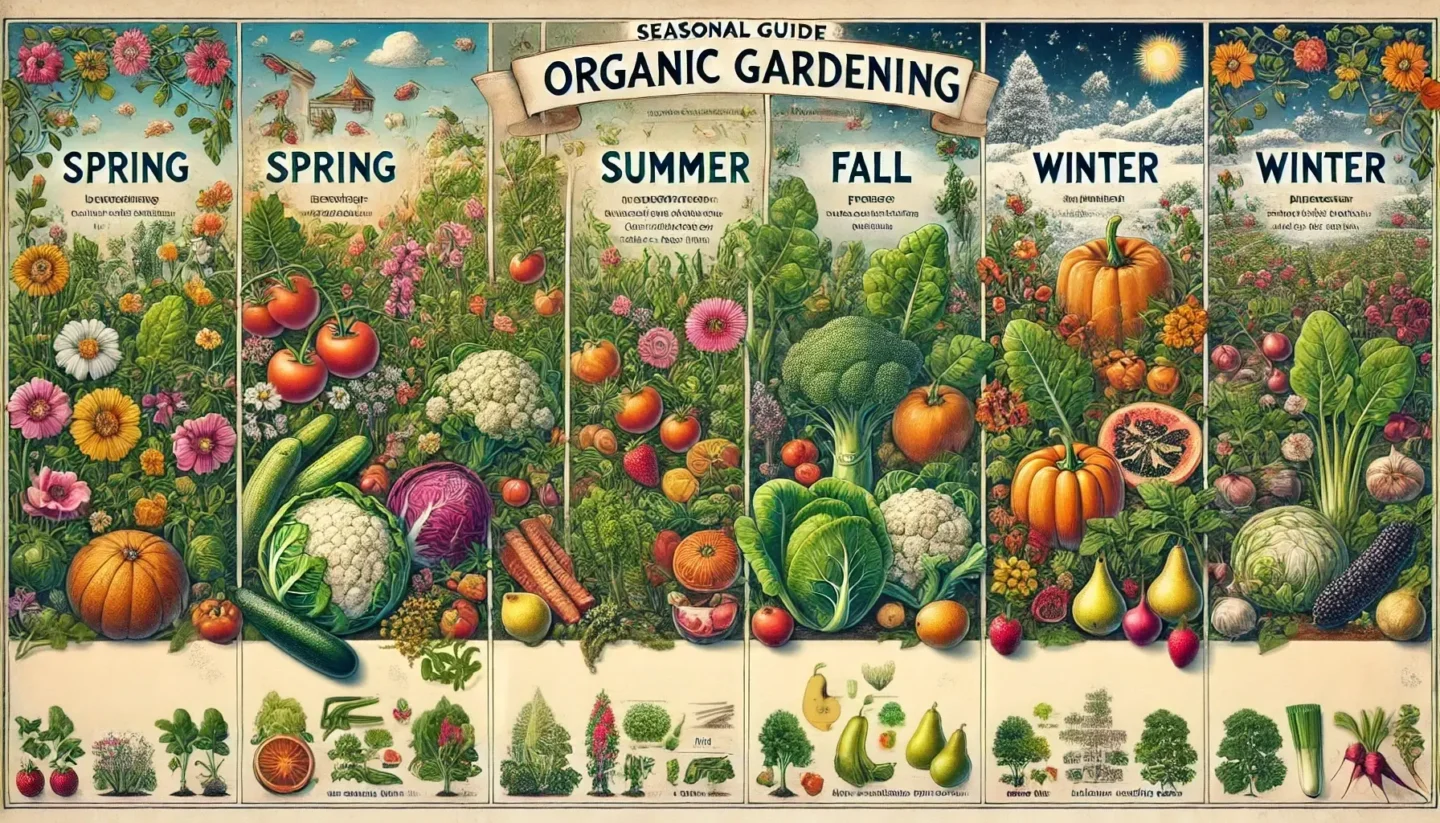 Seasonal organic gardening guide divided into four sections: spring, summer, fall, and winter, with plants and gardening elements.