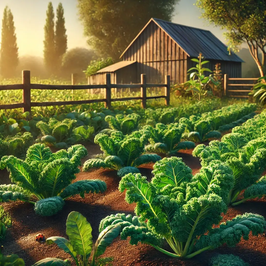 Lush kale field with vibrant green leaves, rustic wooden fence, thatched-roof barn, and golden sunlight.