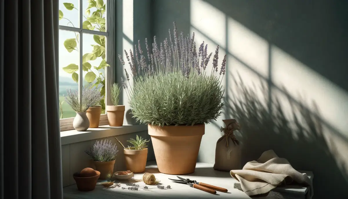 Lavender plant in a terra cotta pot by a sunny window, surrounded by gardening tools, in a room with Mediterranean decor