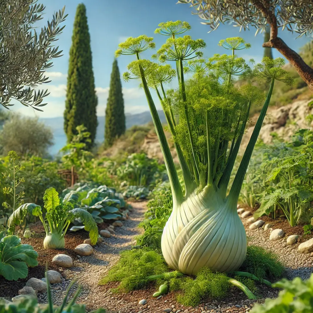 Image of Florence fennel with a prominent bulb and herb fennel with lush green leaves and seeds in a Mediterranean garden with olive trees and rocky terrain.