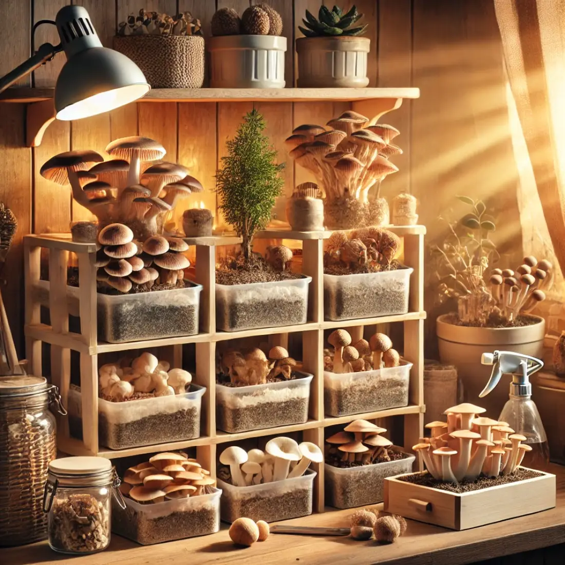 Indoor setup for growing mushrooms like shiitake and oyster in small containers, with warm lighting on a kitchen shelf.