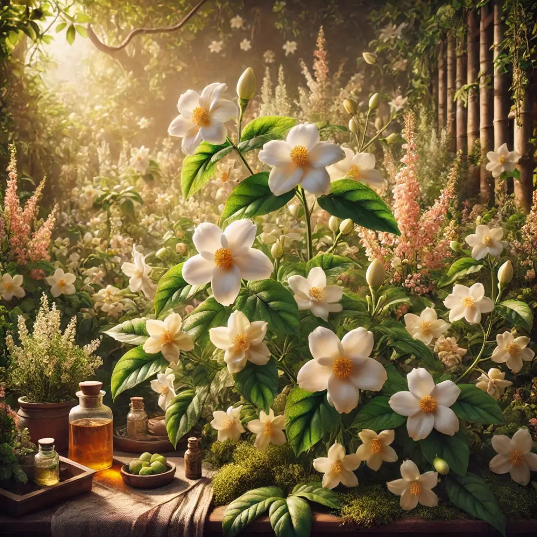 A jasmine garden in full bloom with white, yellow, and pink flowers, sunlight filtering through lush green foliage, and traditional aromatic preparations in the background.