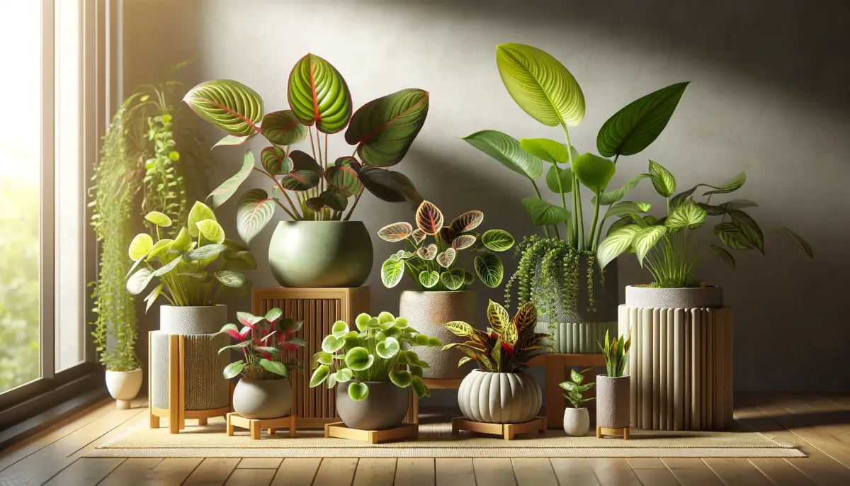 Diverse Peperomia plants in decorative pots, arranged in a cozy indoor corner with indirect sunlight, showcasing their air-purifying features