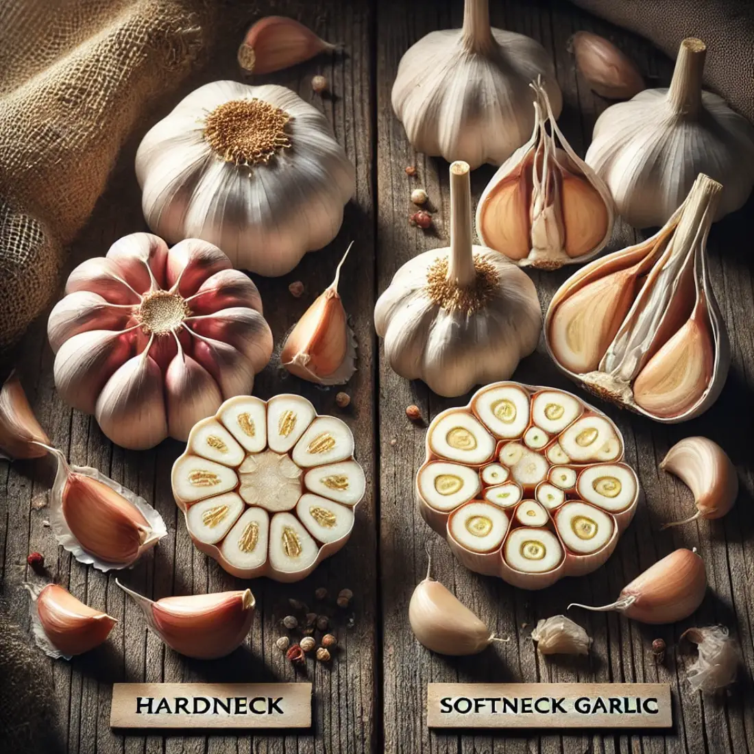 Detailed cut hardneck and softneck garlic bulbs side by side on a rustic wooden table, highlighting internal structure differences.