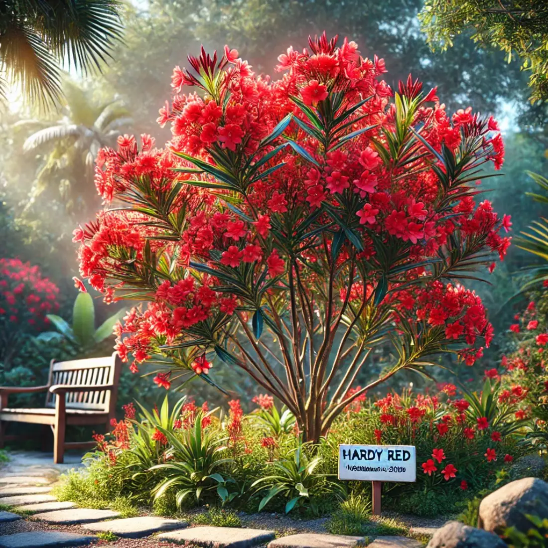 Hardy Red Oleander shrub with vibrant red flowers in full bloom, lush green foliage, a stone pathway, and a rustic garden bench in a well-maintained garden.