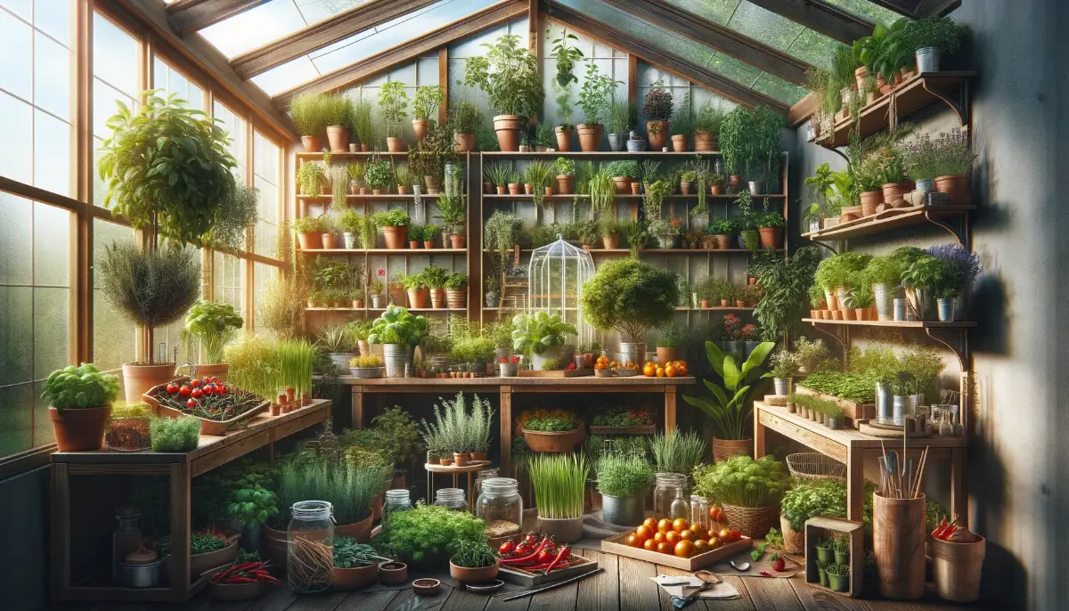 A sunny indoor greenhouse filled with herbs, vegetables, and flowers, showcasing sustainable organic gardening