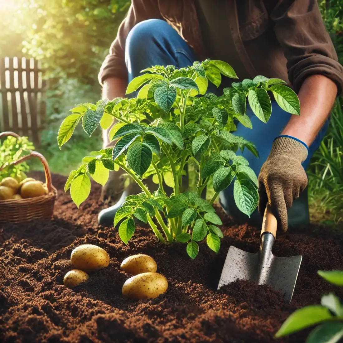 Gardener mounding soil around 6-inch tall potato plants in a garden bed, covering lower leaves to protect developing tubers.