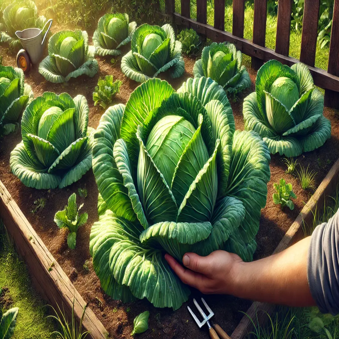 Fresh home-grown cabbages with rich green leaves in a garden, held by a gardener's hand, emphasizing organic produce.