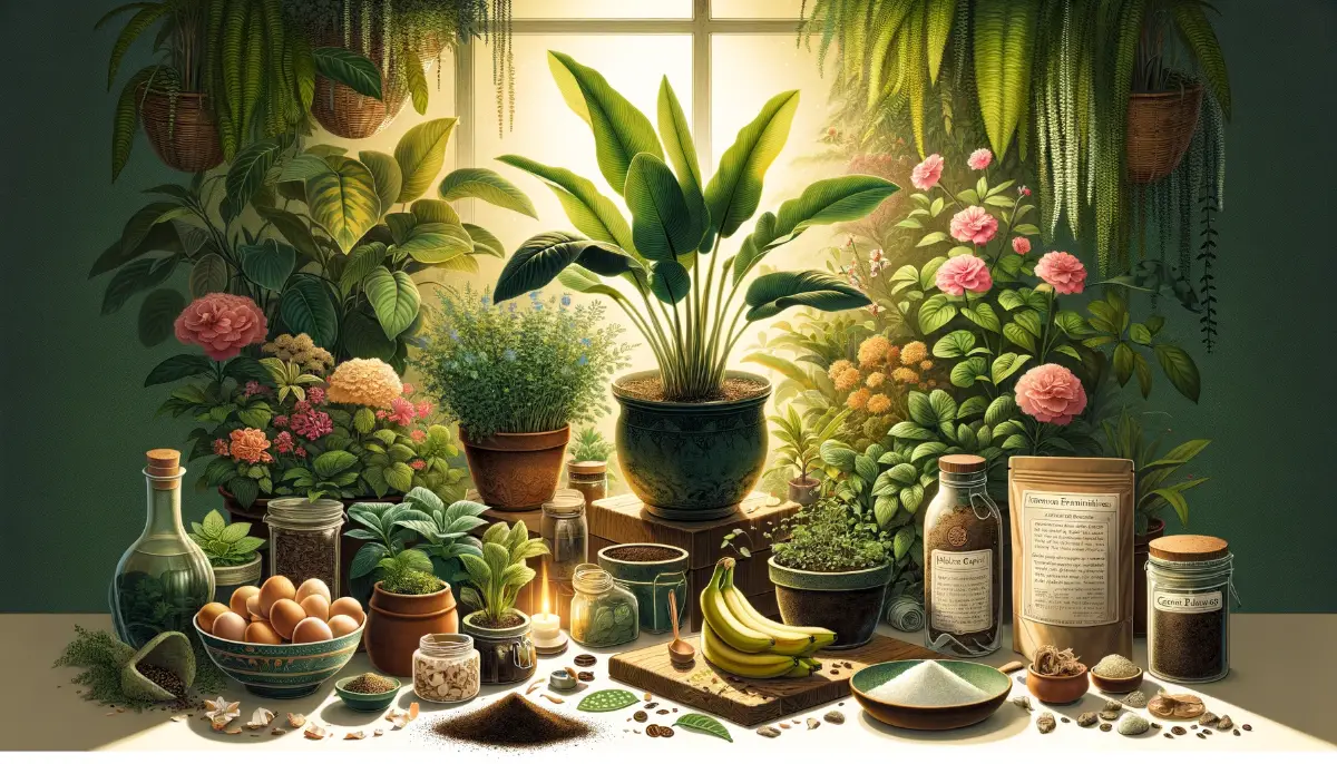 Indoor garden scene with eco-friendly fertilizers like molasses, Epsom salts, and green tea, highlighting sustainable gardening