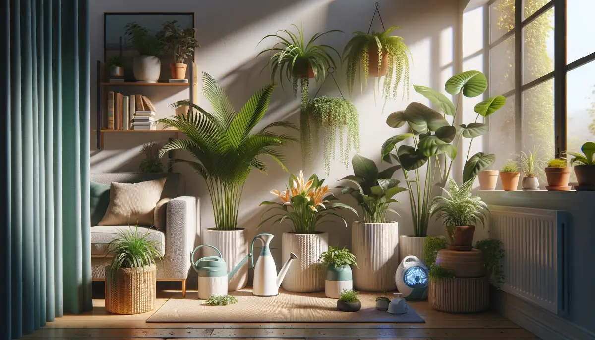 A warm, inviting living room corner with Boston Fern, Areca Palm, Spider Plant, Peace Lily, and Rubber Plant, plus care accessories