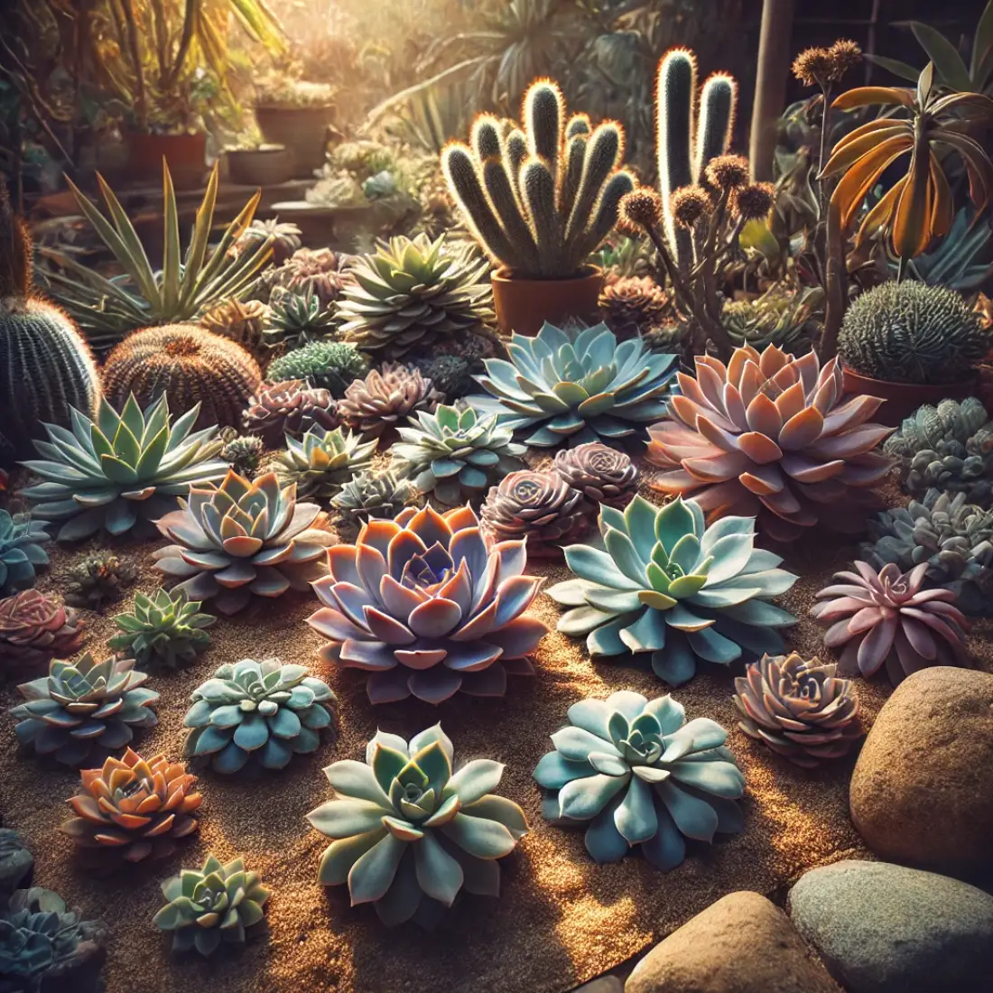 Colorful Echeveria succulents with rosette shapes in sandy soil and rocks under mixed sunlight and shade.