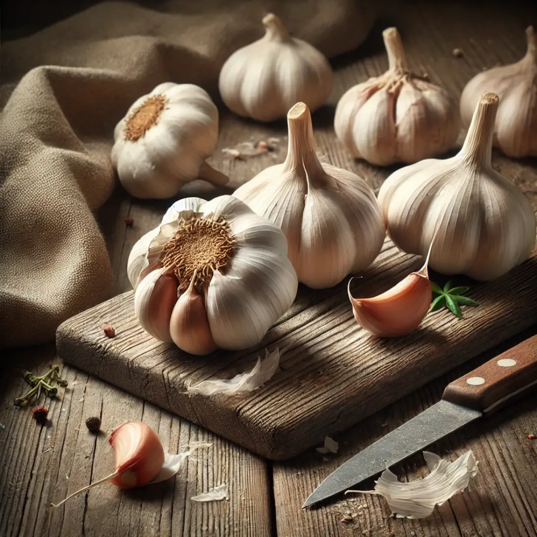 Detailed garlic bulbs on a rustic wooden table with a sprig of herbs, a small knife, and a burlap cloth.