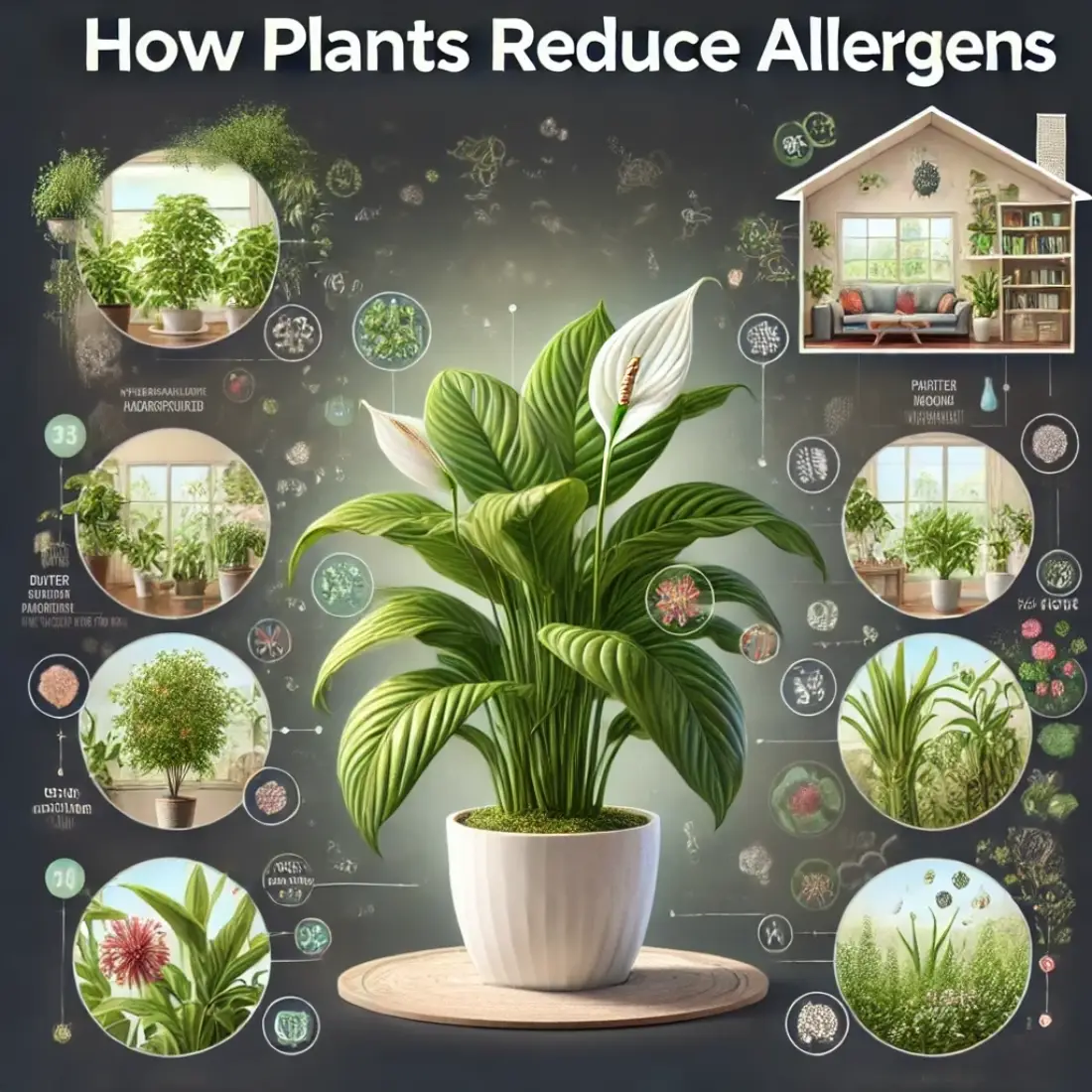 Infographic showing mechanisms by which houseplants like Peace Lily reduce allergens and improve air quality.