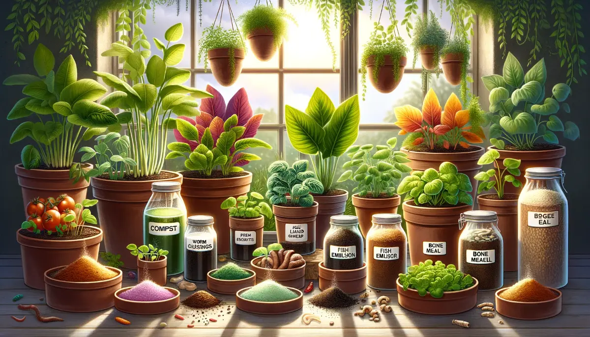 Variety of indoor plants in terracotta pots, each labeled with organic fertilizers like compost, worm castings, and fish emulsion, showcasing a thriving, sustainable indoor garden.