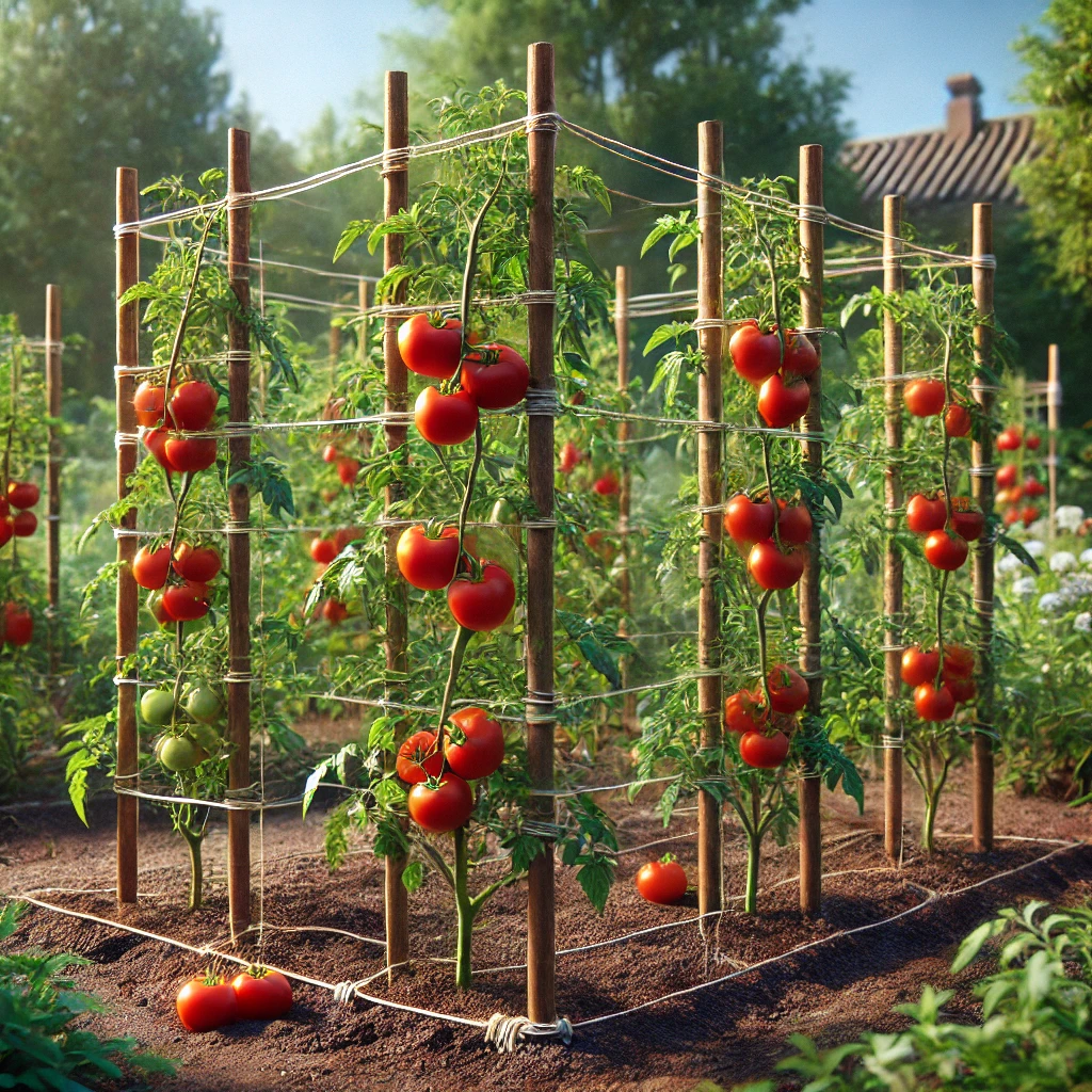 Wooden stakes and string trellis supporting lush tomato plants with ripe red tomatoes in a well-maintained garden under a clear blue sky.