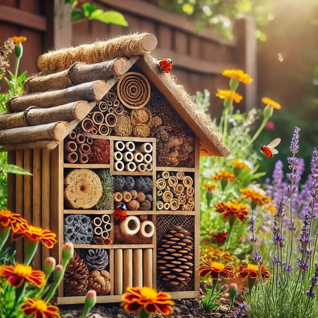 A natural bug hotel made of bamboo, wood, and pinecones, surrounded by flowers and pollinators in a spring garden.