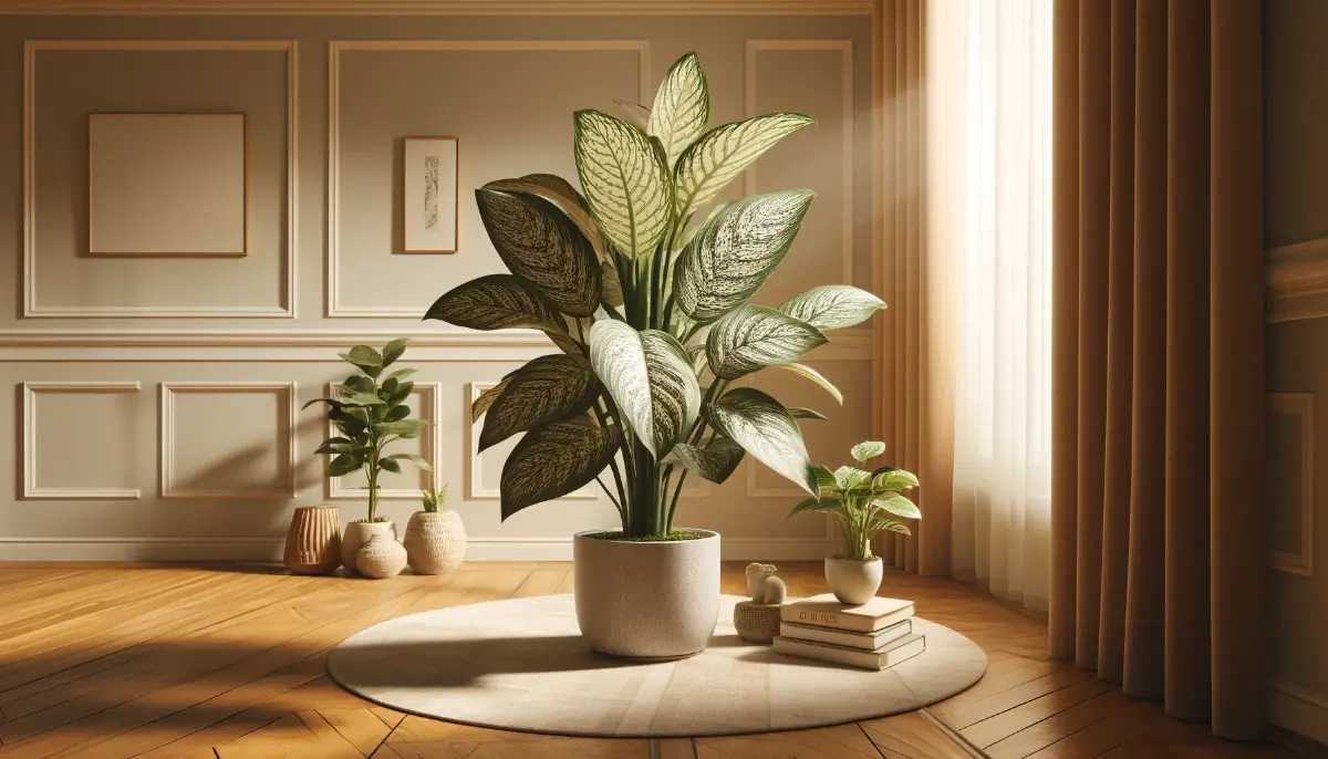 Dieffenbachia plant with green and creamy white leaves in a warmly lit room, surrounded by home decor