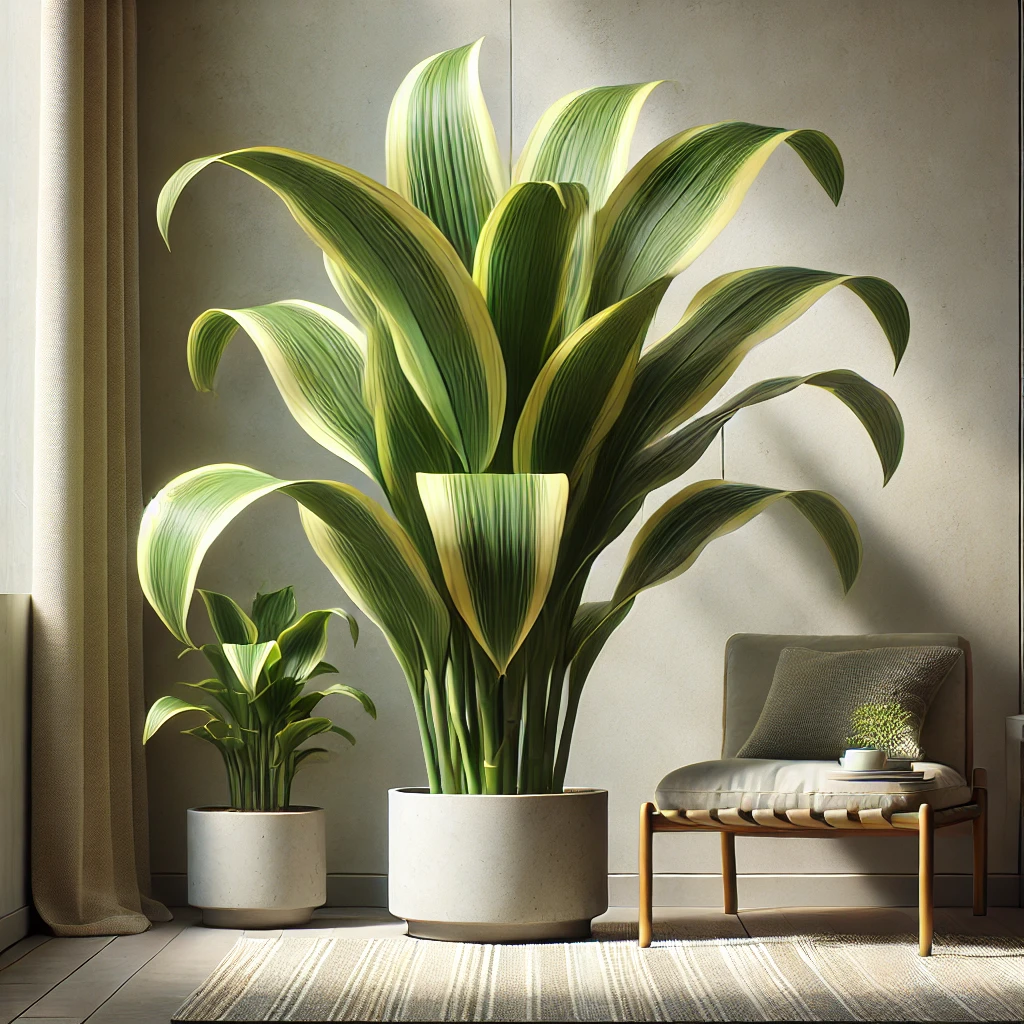 A Dracaena Fragrans, or Corn Plant, in a minimalist pot with arching green leaves, displayed in a cozy modern indoor space with soft natural light.