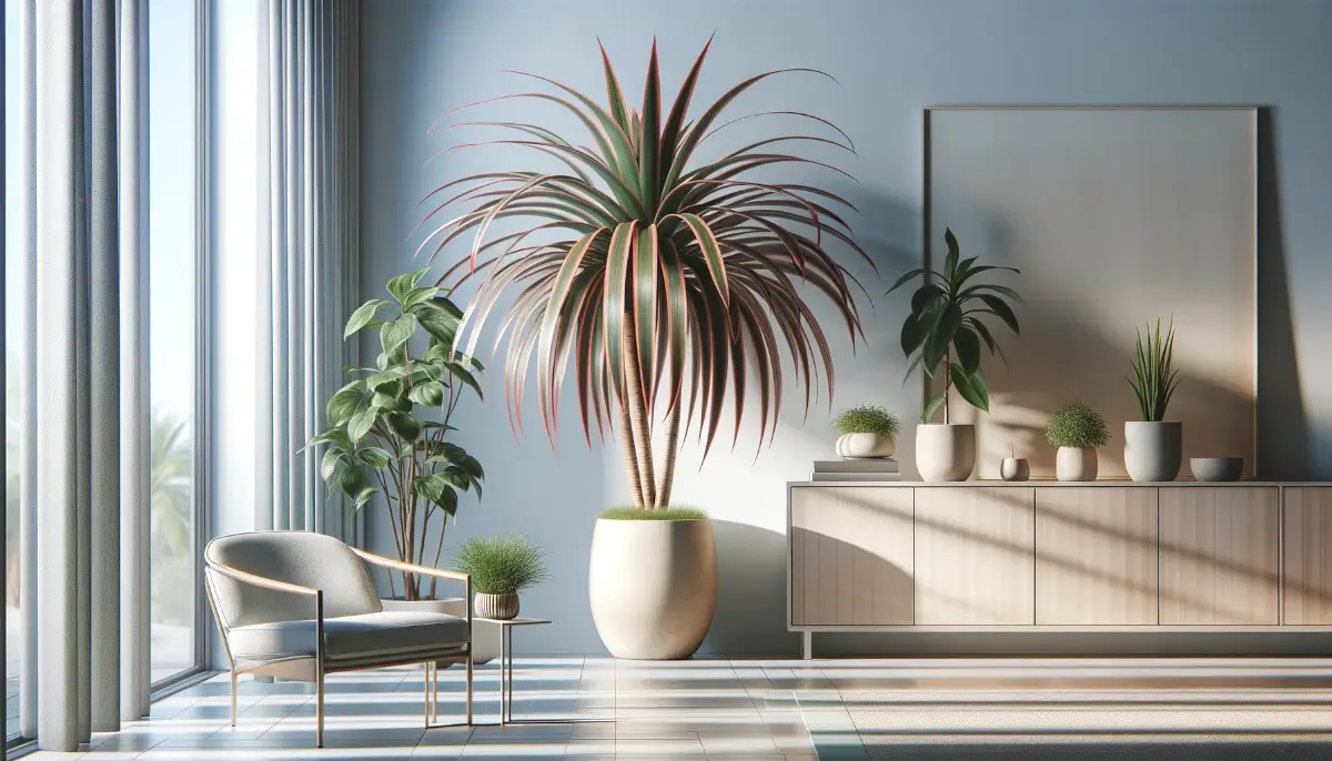 Dracaena Marginata, or Dragon Tree, with red-edged leaves in a stylish pot inside a contemporary room.