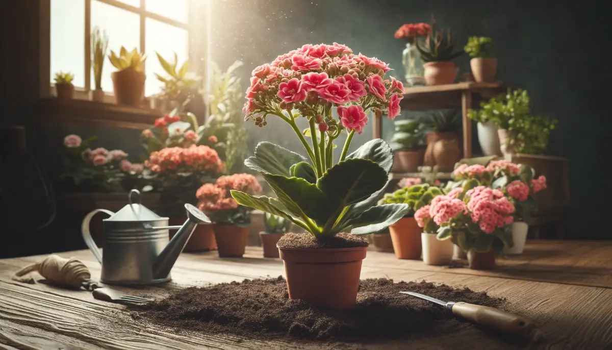 Vibrant Kalanchoe with colorful blooms in an indoor setting, complete with garden tools and dry topsoil, emphasizing minimal care