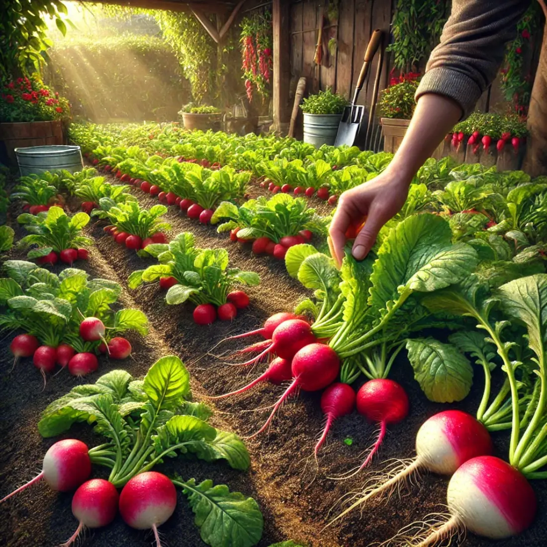 A thriving home garden with a variety of radishes, including red and daikon types, being harvested under warm sunlight.