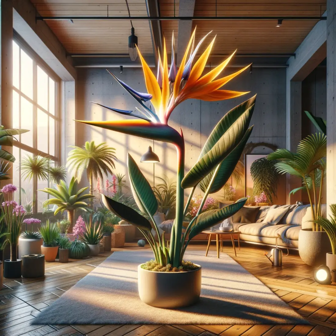 An indoor scene featuring a Strelitzia reginae (Bird of Paradise) with vibrant crane-like flowers, surrounded by tropical plants, well-lit with natural light through large windows, and a humidifier and watering can nearby.