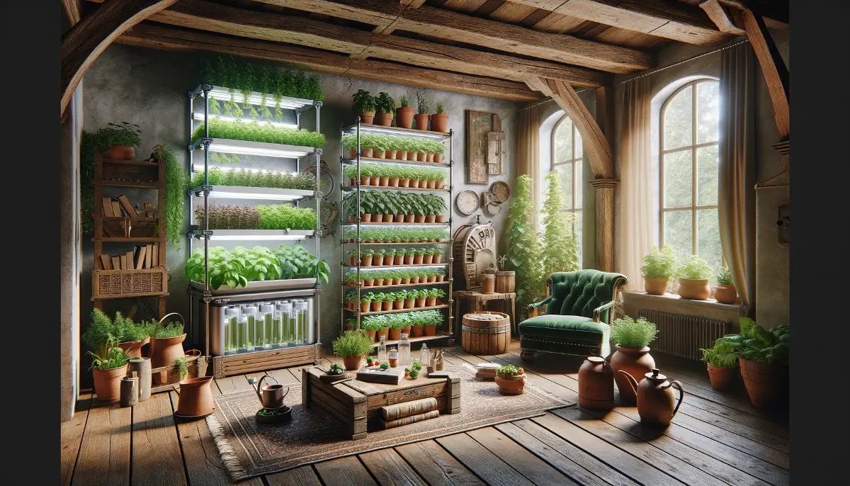 Room with rustic wooden beams, vintage shelving with terracotta pots, hydroponic system, vertical garden panel, and a cozy sitting area.