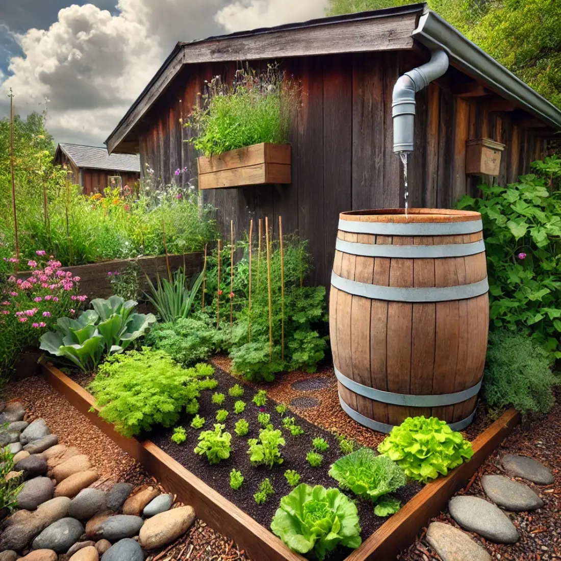 Wooden rain barrel connected to a downspout without visible pipes, surrounded by wildflowers and plants in a natural garden setting.