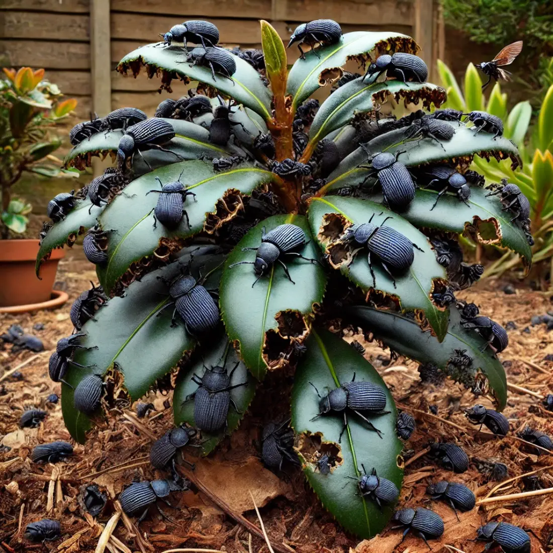 Broadleaved evergreen plant heavily infested with Black Vine Weevils, showing significant leaf damage with notched margins.