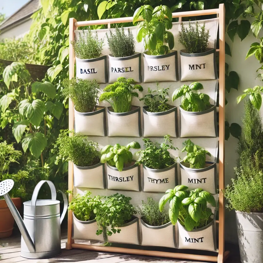 A vertical herb garden created from a hanging shoe organizer made of breathable canvas material, with multiple labeled pockets holding fresh herbs such as basil, parsley, thyme, and mint. The organizer is mounted on a sunny outdoor wall surrounded by vibrant greenery. A small watering can is positioned nearby, adding charm to the bright and inviting urban garden setting.