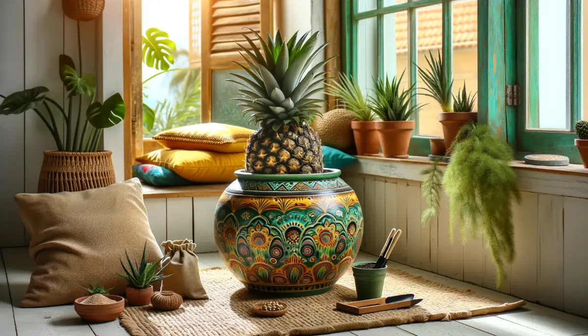 Pineapple growing in a vibrant tropical-patterned ceramic pot by a sunny window, surrounded by gardening tools