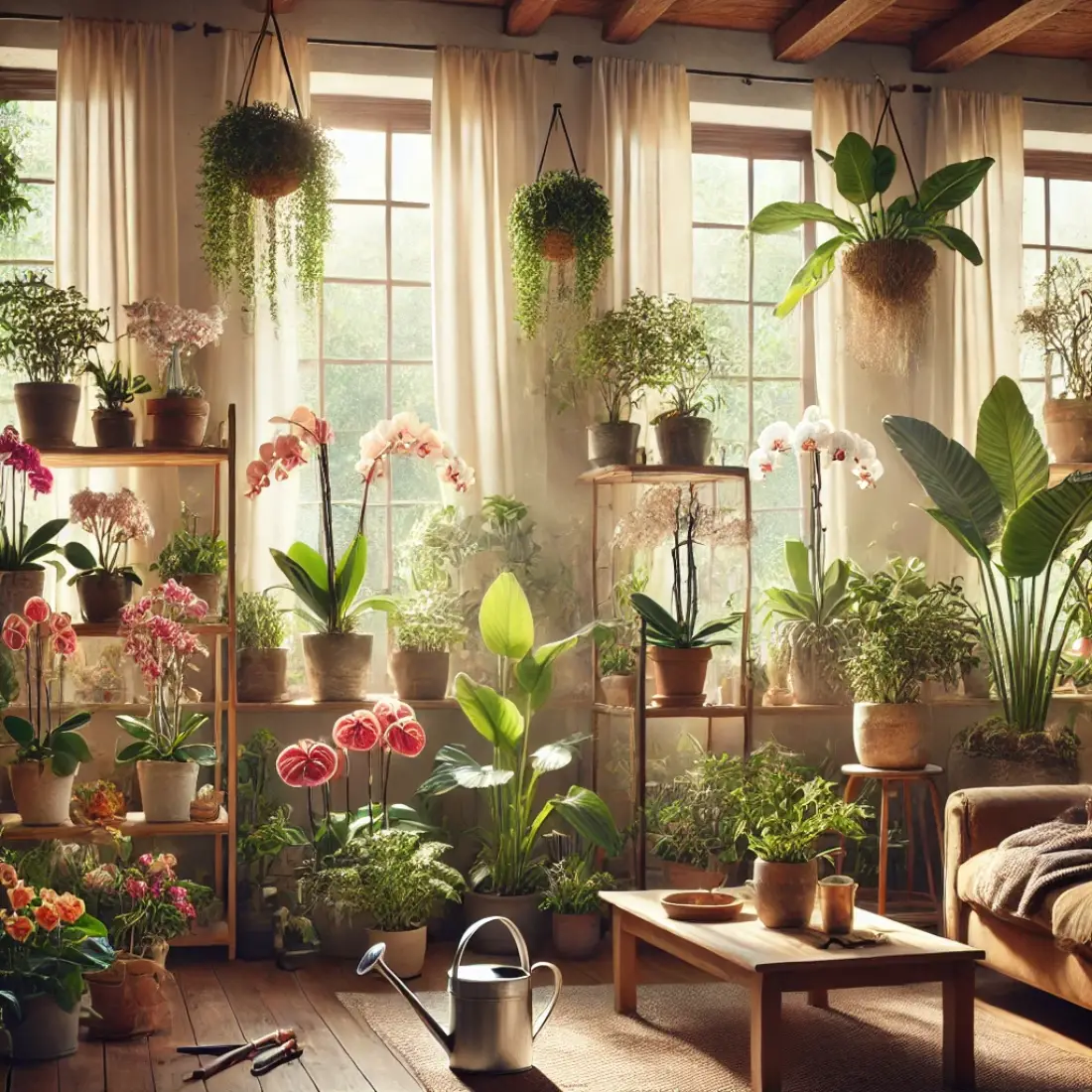 Living room with flowering indoor plants like orchids and lilies, bathed in sunlight, with a person watering them.