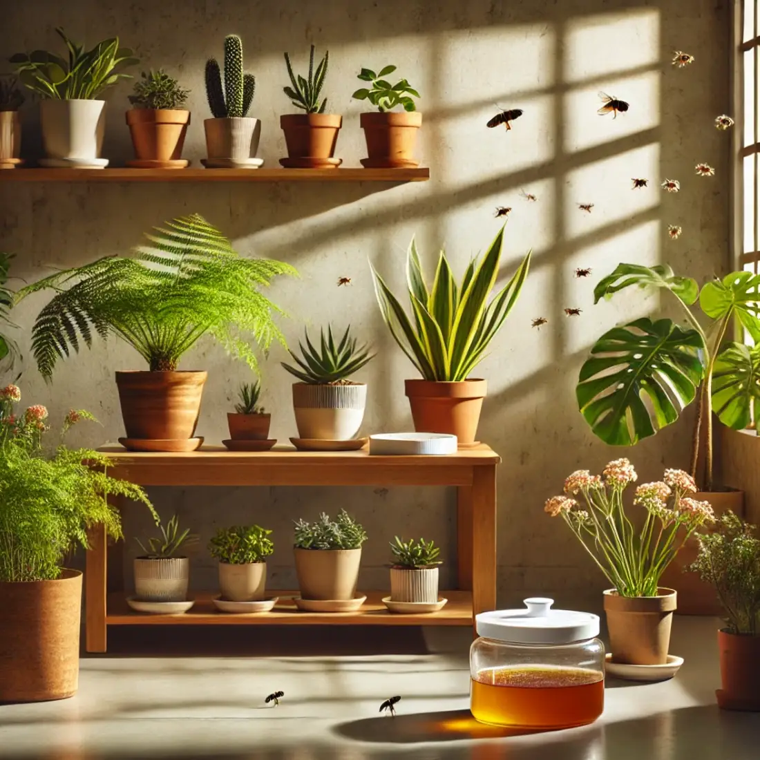 Bright indoor room with vibrant potted plants, sunlight through a window, and an organic fly trap solution.