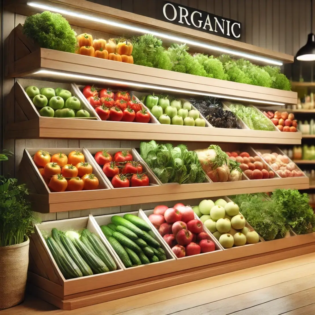 A store shelf filled with fresh, colorful organic fruits and vegetables like tomatoes, peppers, and leafy greens, displayed without any labels. Bright lighting enhances the produce’s freshness.