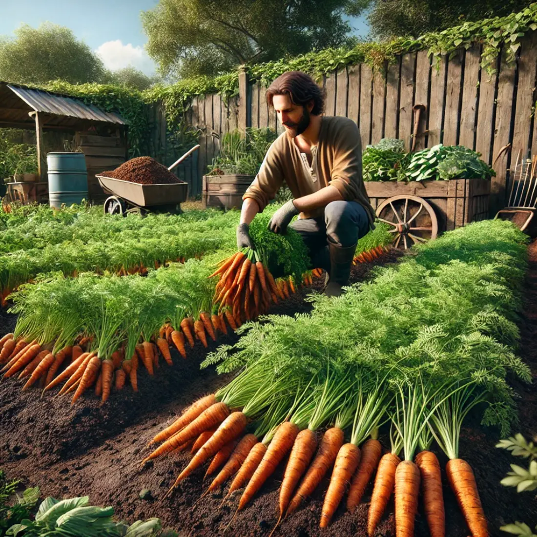 A gardener harvesting bright orange carrots from a lush, organic garden with vibrant green tops and rustic fence.