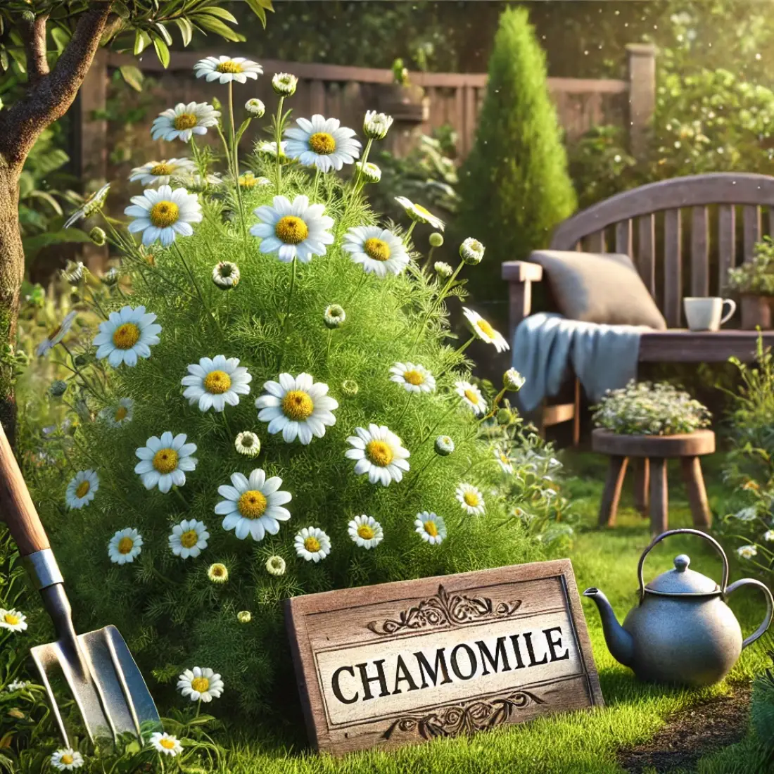 Chamomile plant in full bloom with white flowers and yellow centers in a cozy garden with a wooden bench and tea set.