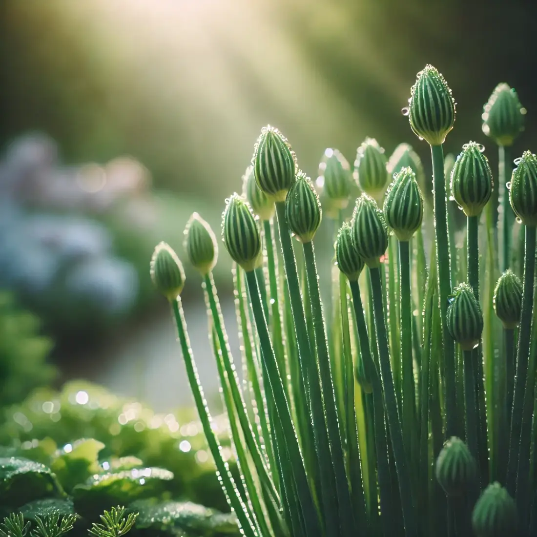 Close-up of green chive stems with dew droplets in an herb garden, with a softly blurred background.