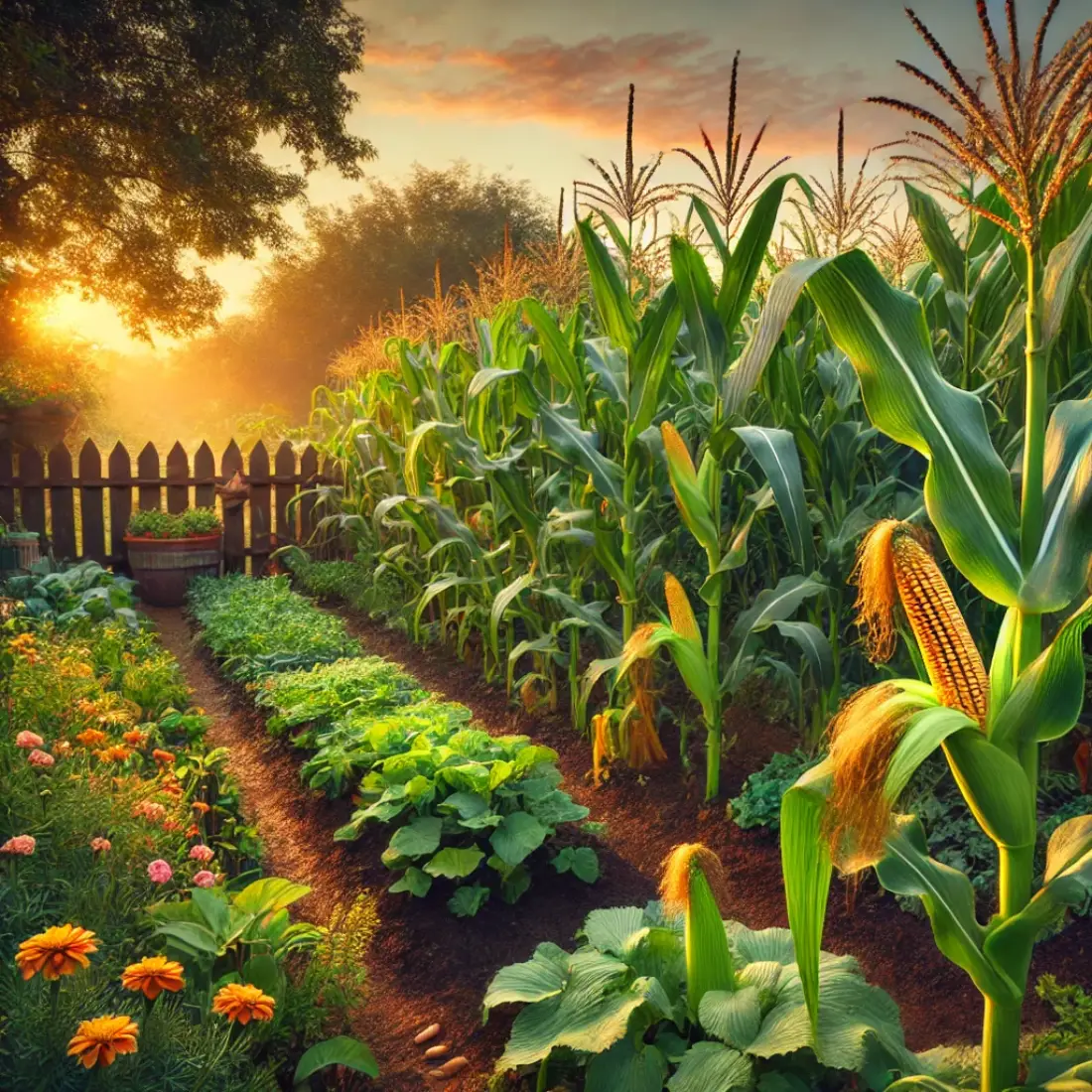 An organic corn garden at sunrise with tall, green corn stalks featuring golden tassels and ripe ears of corn. The garden includes companion plants like marigolds and beans, surrounded by a rustic wooden fence. The sky in the background glows with soft pink and orange hues, creating a serene and inviting atmosphere.