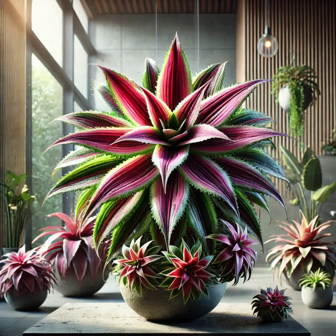 Detailed Cryptanthus Earth Star with star-shaped rosette leaves in vibrant colors, displayed in a tranquil, modern indoor space with soft natural lighting and other houseplants in the background.