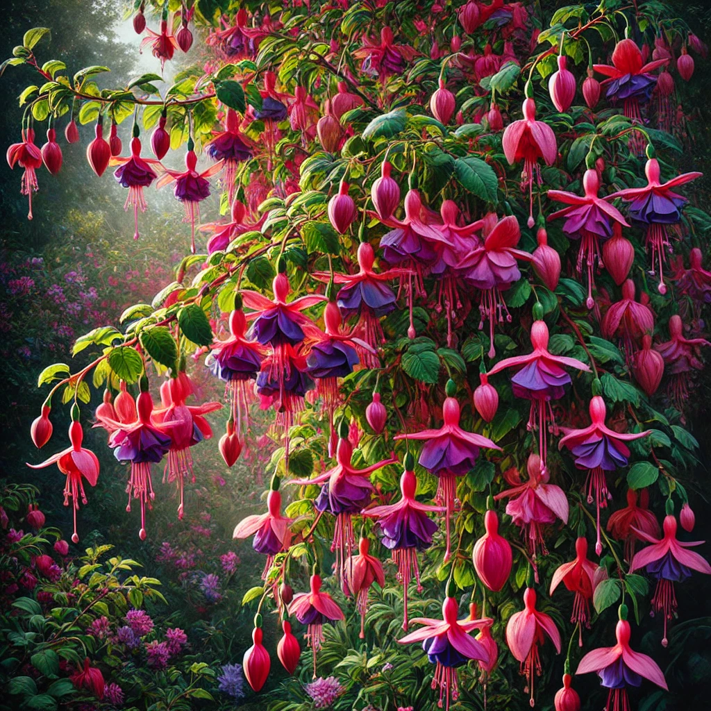 Detailed image of a vibrant fuchsia bush with pink, purple, and red flowers, surrounded by green foliage in a garden setting.